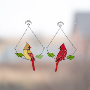 the pair of cardinal birds stained glass window hangings