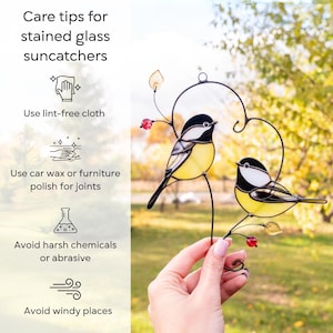 Stained glass bird suncatcher care instructions infographic, tips for cleaning and maintaining handmade glass window hanging decor.