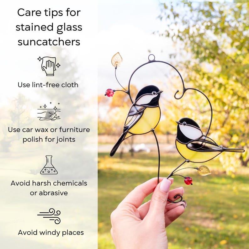 Stained glass bird suncatcher care instructions infographic, tips for cleaning and maintaining handmade glass window hanging decor.