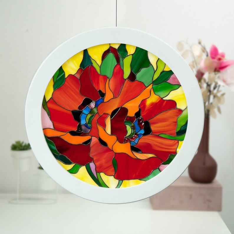 poppy stained glass flower panel