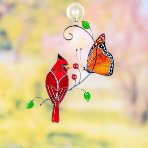 cardinal bird and monarch butterfly item made of modern stained glass