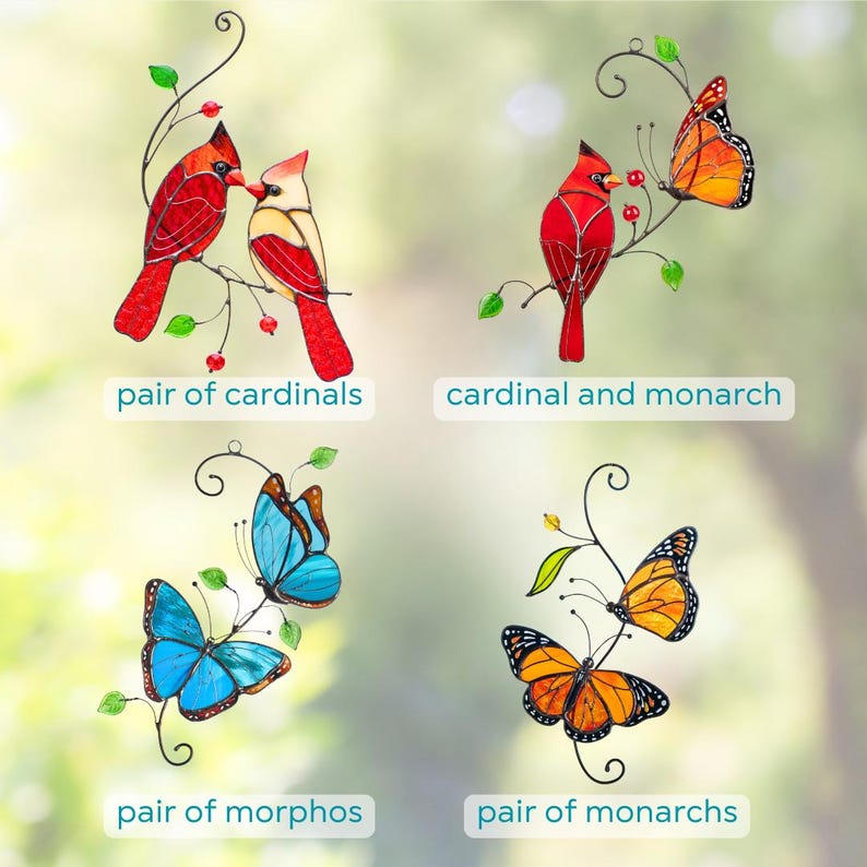 Stained glass suncatchers showing different designs: pair of cardinals, cardinal with monarch butterfly, pair of morpho butterflies, and pair of monarch butterflies.