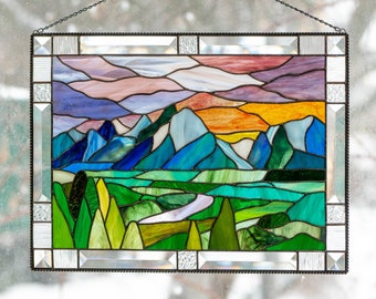 Stained glass window hangings Mothers Day gift Grand Teton National Park Mountain stained glass panel Custom stained glass decor