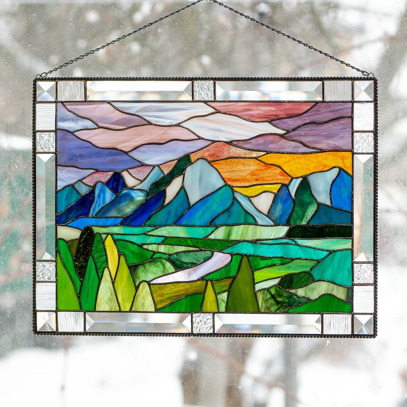 Mountains stained glass window panel