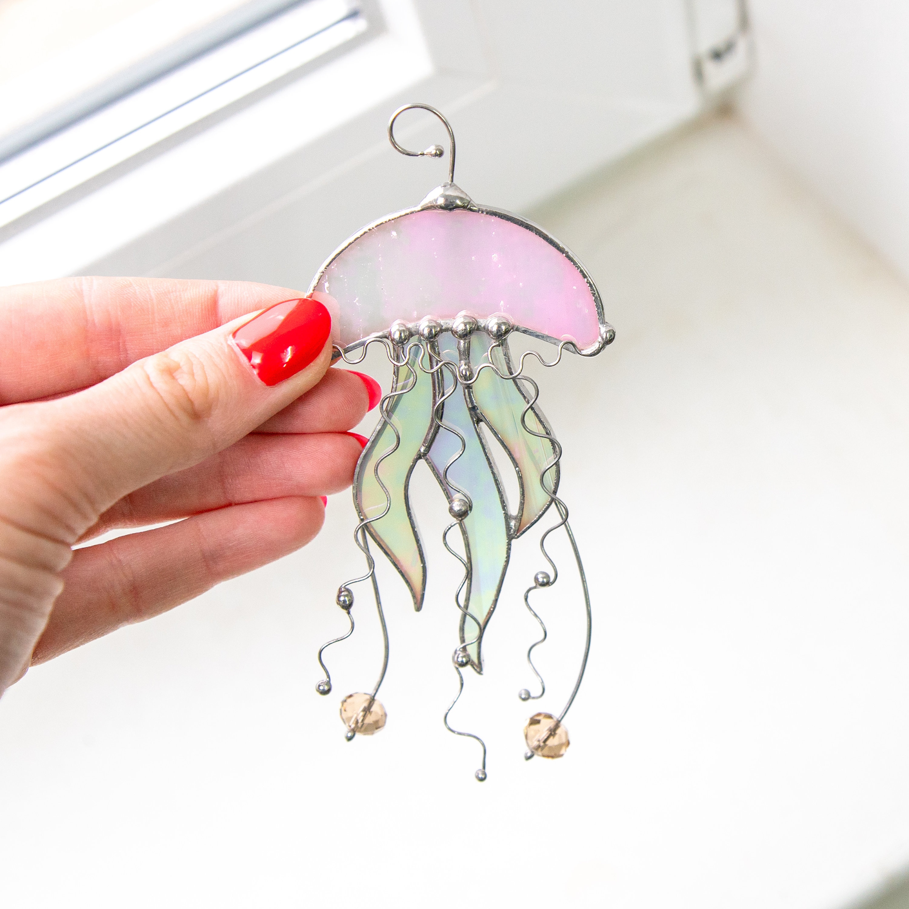 New Stained Glass Jellyfish Suncatcher Glass Art Art & Collectibles