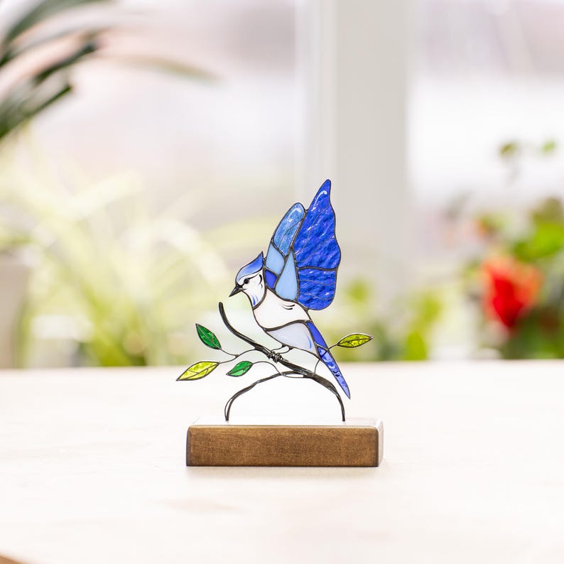 stained glass blue jay bird