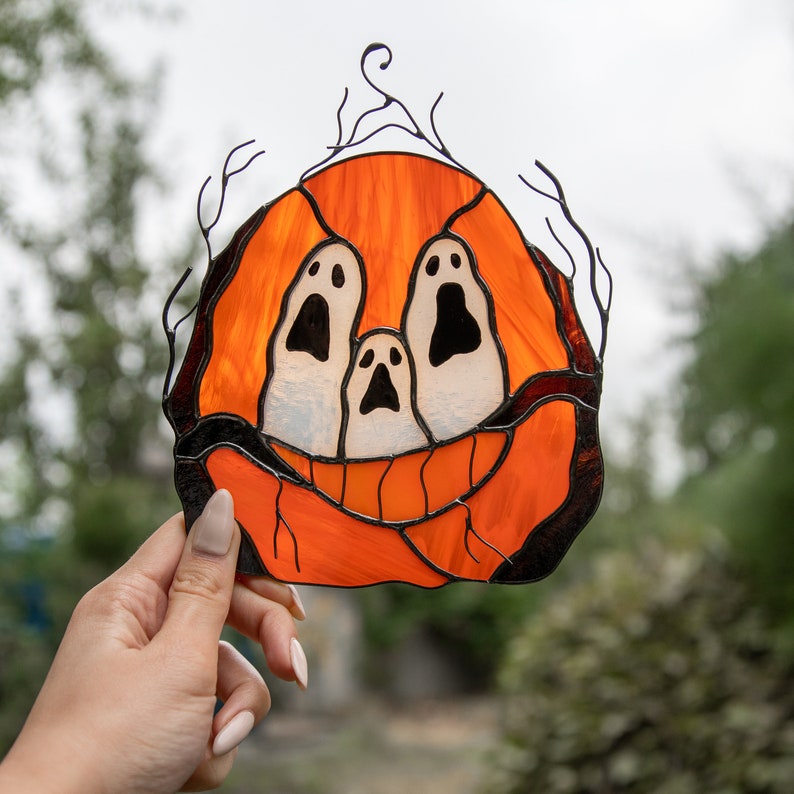 Halloween Stained Glass Pumpkin Suncatcher Fall Decor Ghosts Etsy