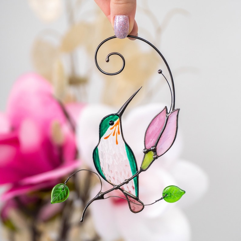 hummingbird with pink flower stained glass suncatcher
