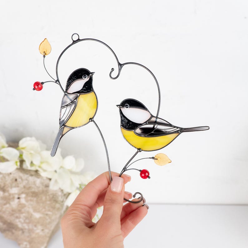 two chickadees suncatcher made of modern stained glass