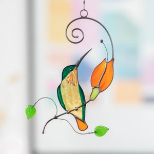 hummingbird with orange flower stained glass window hangings