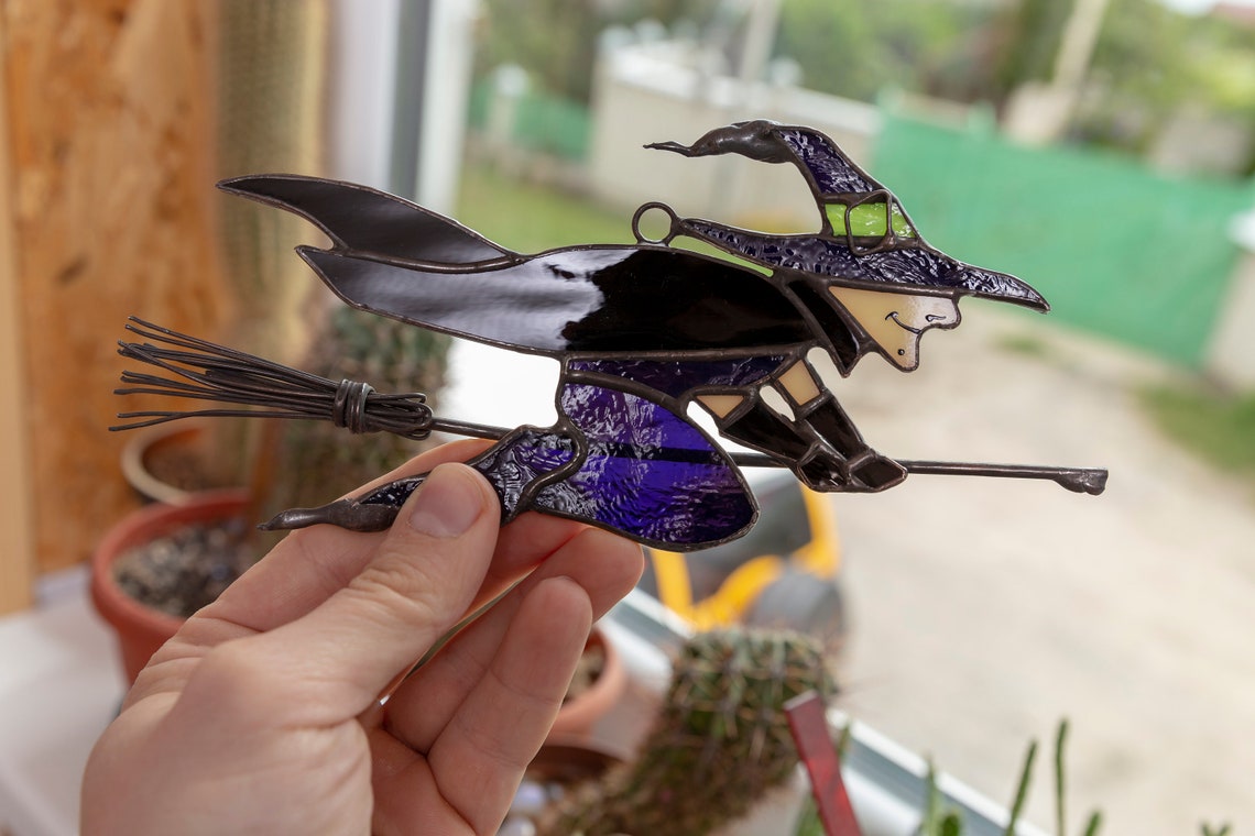 Stained glass witch suncatcher Halloween decor Withes broom Etsy