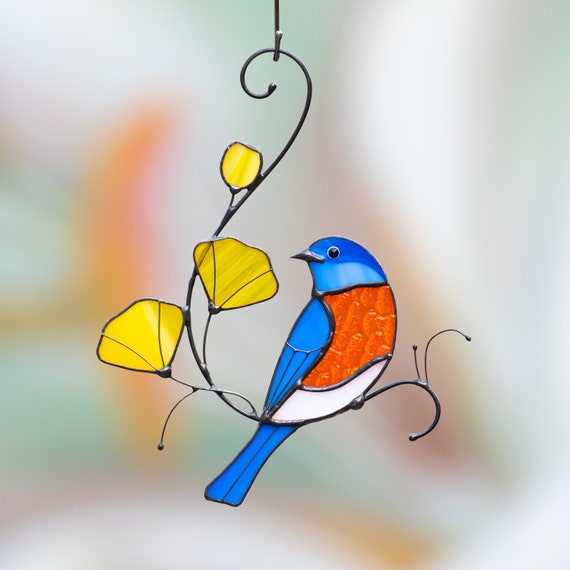 Bluebird Stained Glass Window Hangings Christmas Gifts Bluebird House  Custom Stained Glass Bird Suncatcher Little Bluebird Bird Feeder 