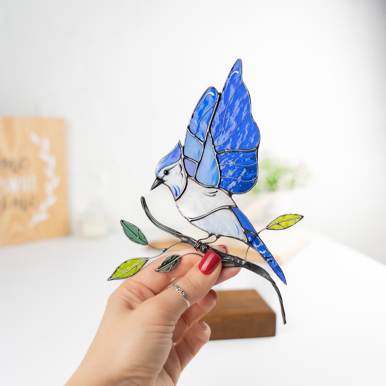 modern stained glass blue jay art