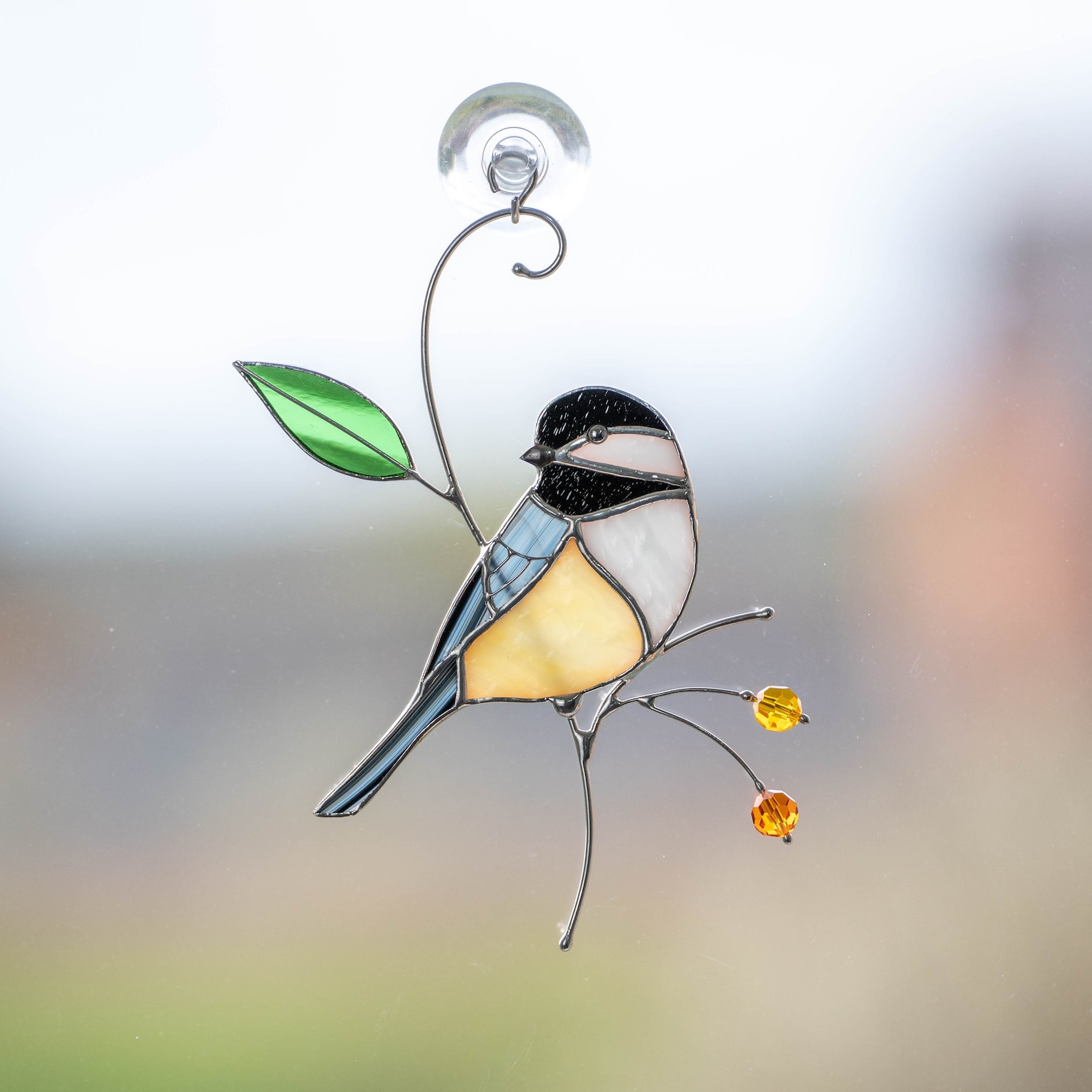 Chickadee stained glass bird suncatcher