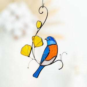 bluebird with yellow leaves stained glass suncatcher