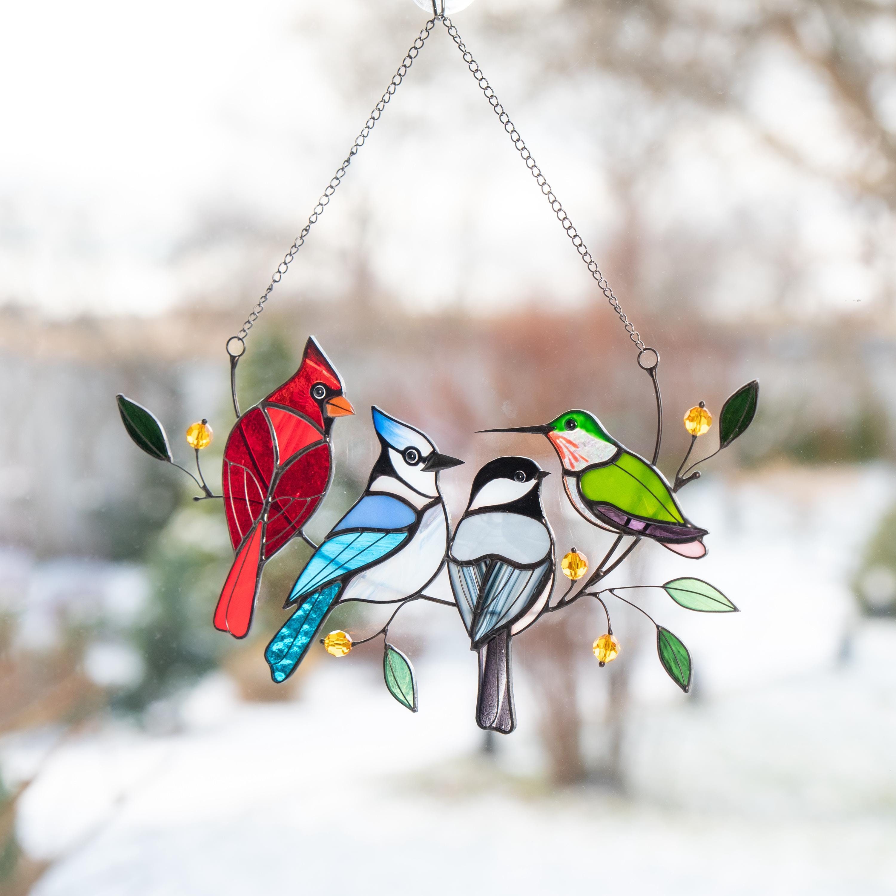 Cardinal stained glass window hangings Chickadee ornament Hummingbird stained glass birds Cardinal memorial gift Blue jay