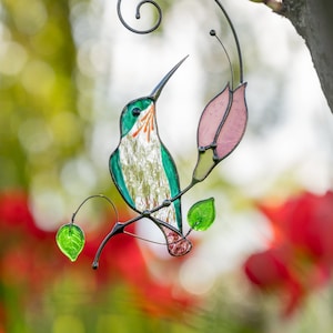 handmade glass window hanging of hummingbird