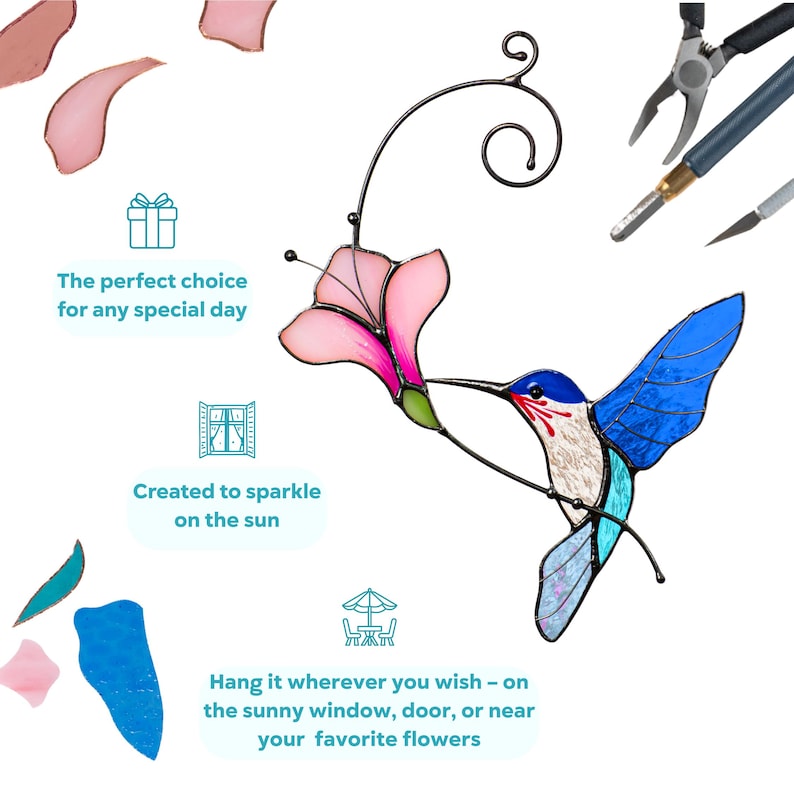 Stained glass hummingbird drinking from a pink flower with captions highlighting its features. Tools and glass pieces appear in the background, emphasizing handmade craftsmanship