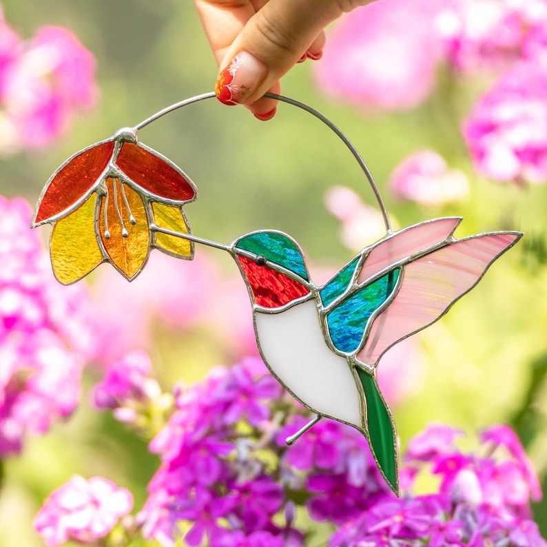 Stained Glass Hummingbird Suncatcher Christmas Gifts Flower Etsy