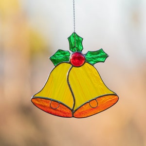 Jingle bells stained glass Christmas gifts Christmas suncatcher Christmas ornaments Holly leaves Christmas tree stained glass decor