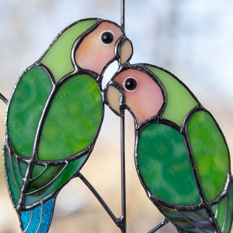 Love birds stained glass window hangings decor Anniversary Etsy