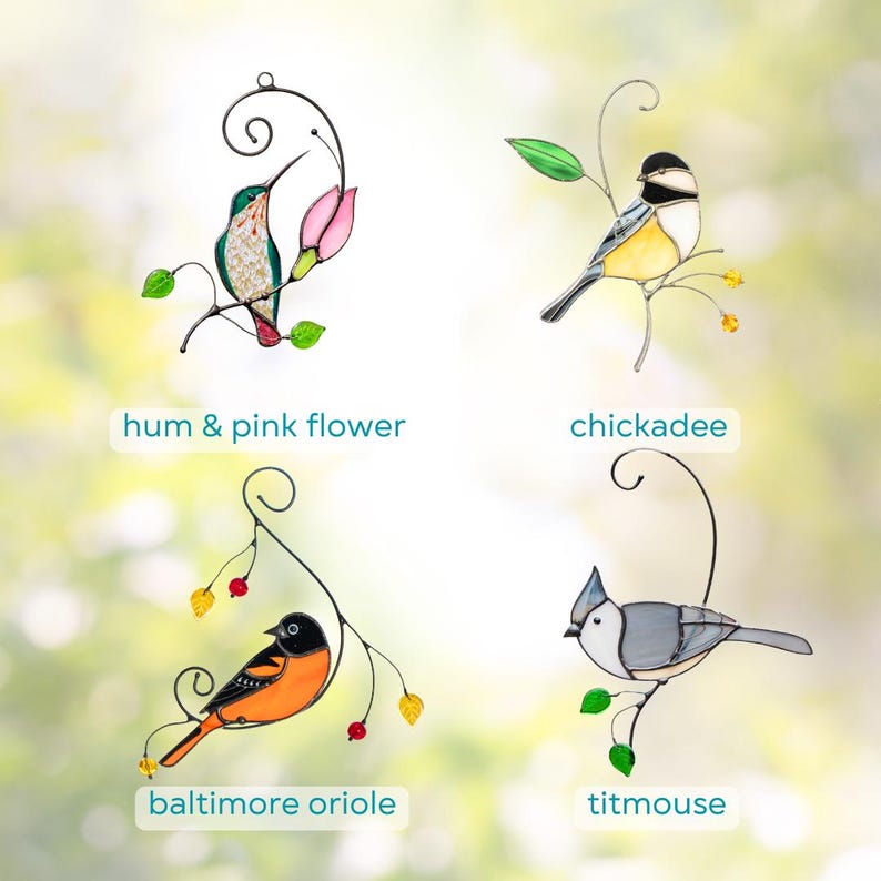 Collage of four stained glass hanging bird ornaments including a hummingbird with a pink flower, chickadee, Baltimore oriole, and titmouse.