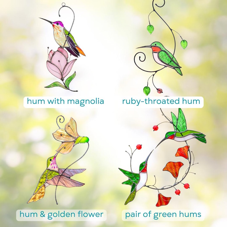 Decorative stained glass birds in vibrant colors, perched on elegant wire branches with leaves and berries, creating a nature-inspired wall or window display.