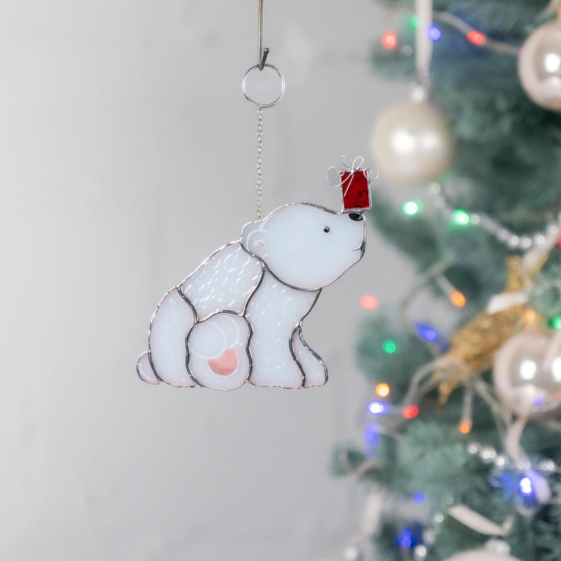 white polar bear stained glass Xmas decoration