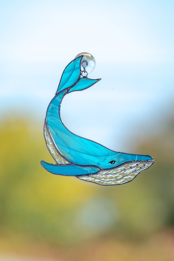 青い海の中の二頭のクジラ 大型ヴィンテージ ステンドグラス アメリカ自然史博物館 青い海の中の二頭のクジラ 大型ヴィンテージ ステンドグラス アメリカ