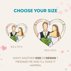 Infographic displaying two size options for a custom heart-shaped stained glass wedding portrait with measurements 6.5 × 7.5 inches and 10.5 × 12 inches.