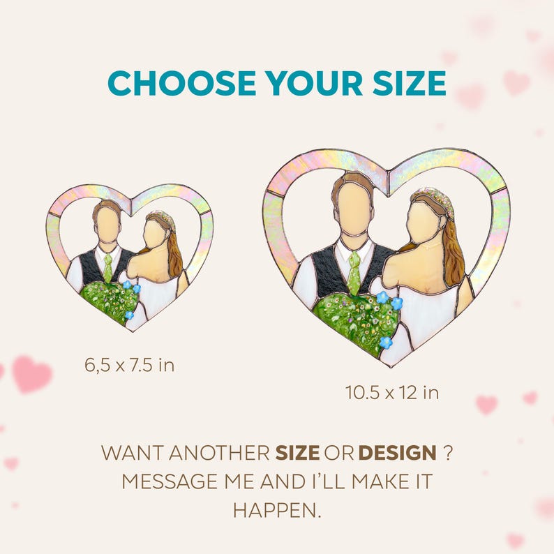 Infographic displaying two size options for a custom heart-shaped stained glass wedding portrait with measurements 6.5 × 7.5 inches and 10.5 × 12 inches.