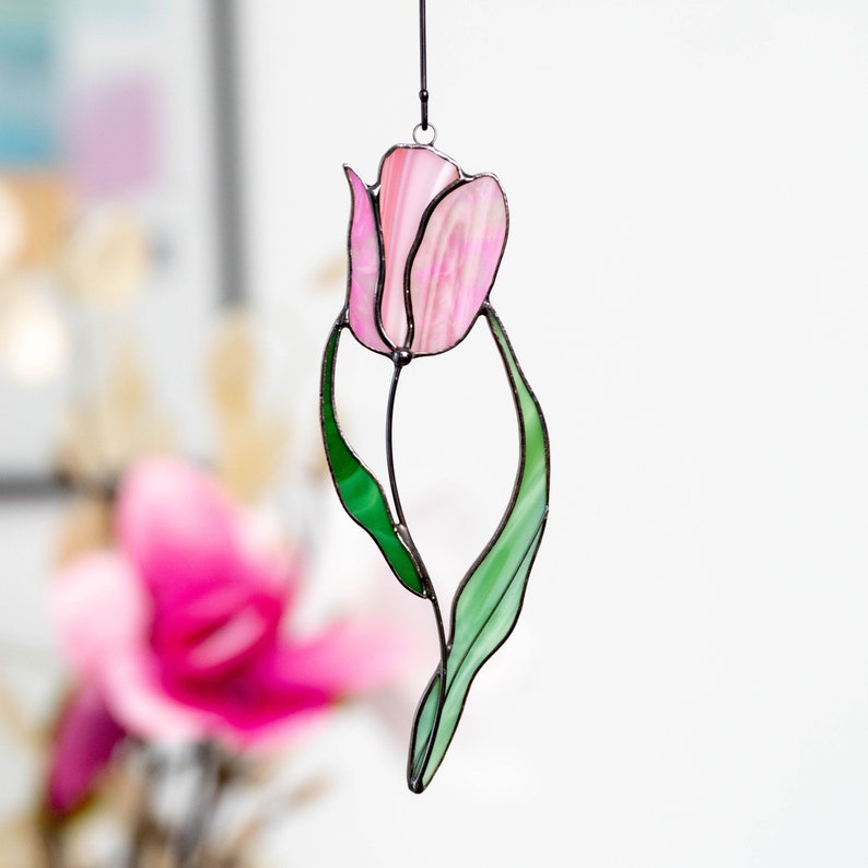 Stained glass flower suncatcher Mothers Day gift Tulip stained glass window hangings Tulip charm image 1