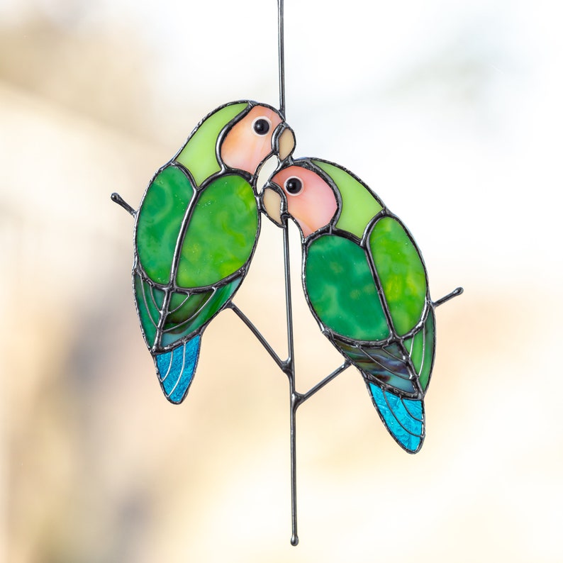 Love birds stained glass window hangings decor Anniversary | Etsy