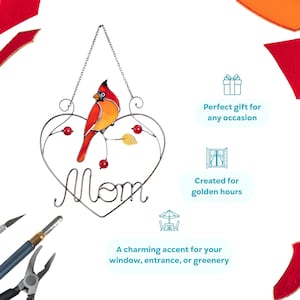 Stained glass cardinal suncatcher product infographic showing handmade glass decor, hummingbird window hanging features and gift idea, decorative stained glass bird.