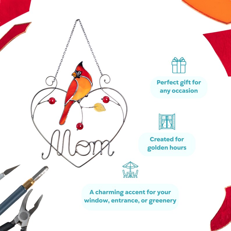 Stained glass cardinal suncatcher product infographic showing handmade glass decor, hummingbird window hanging features and gift idea, decorative stained glass bird.