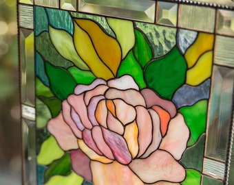 牡丹のステンドグラスの窓飾り 手作りのクリスマスプレゼント カスタム