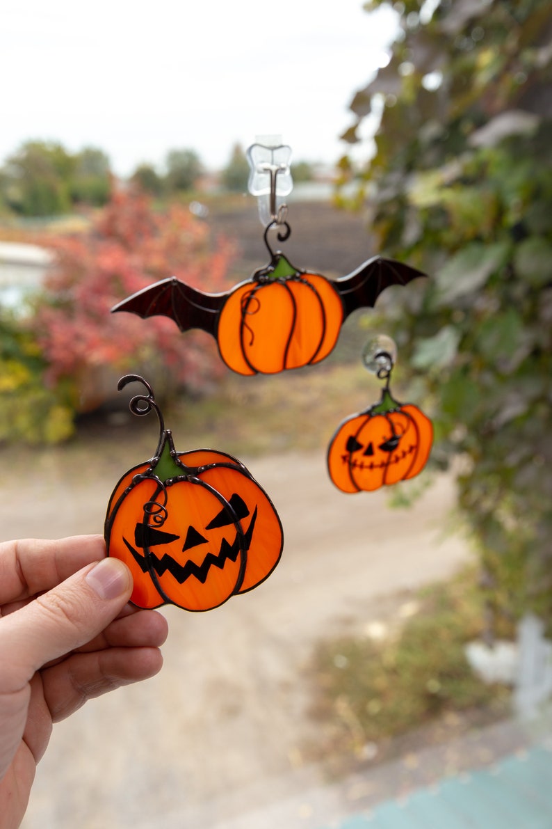 Halloween pumpkin stained glass decor Fall stained glass | Etsy