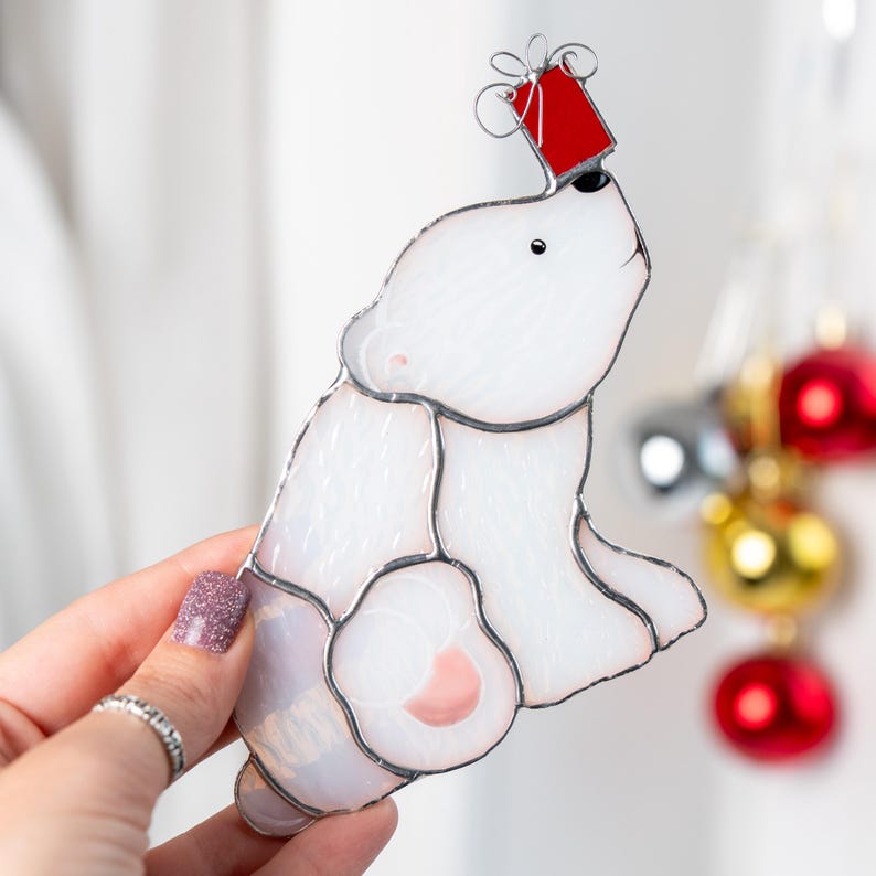 polar bear with the gift stained glass window hanging