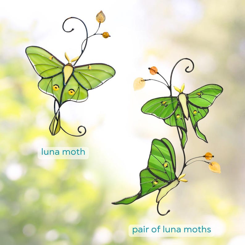 variation of luna moths made of stained glass