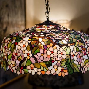 Ceiling hanging lamp Stained glass chandelier Unique gift for mom Flowers pendant lamp Cherry blossom art decor lamp image 2