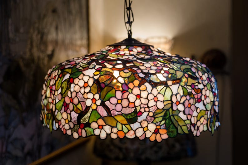 Ceiling hanging lamp Stained glass chandelier Unique gift for mom Flowers pendant lamp Cherry blossom art decor lamp image 2
