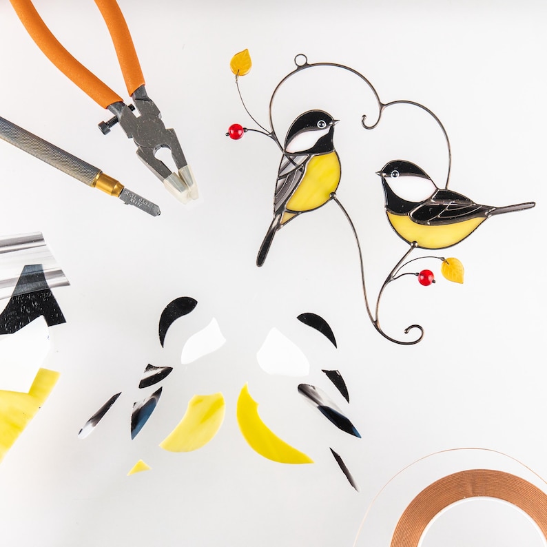 handcrafting process of the pair of chickadees stained glass suncatcher