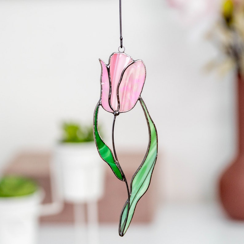 Stained glass flower suncatcher Mothers Day gift Tulip stained glass window hangings Tulip charm image 2