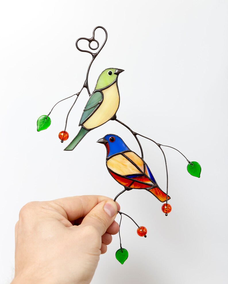 Bunting bird stained glass window hangings Custom stained Etsy