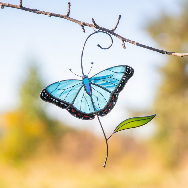 morpho butterfly stained glass window hanging