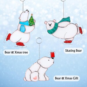 Infographic showing three stained glass polar bear ornaments: Bear with Christmas tree, Skating Bear, and Bear with Christmas gift.