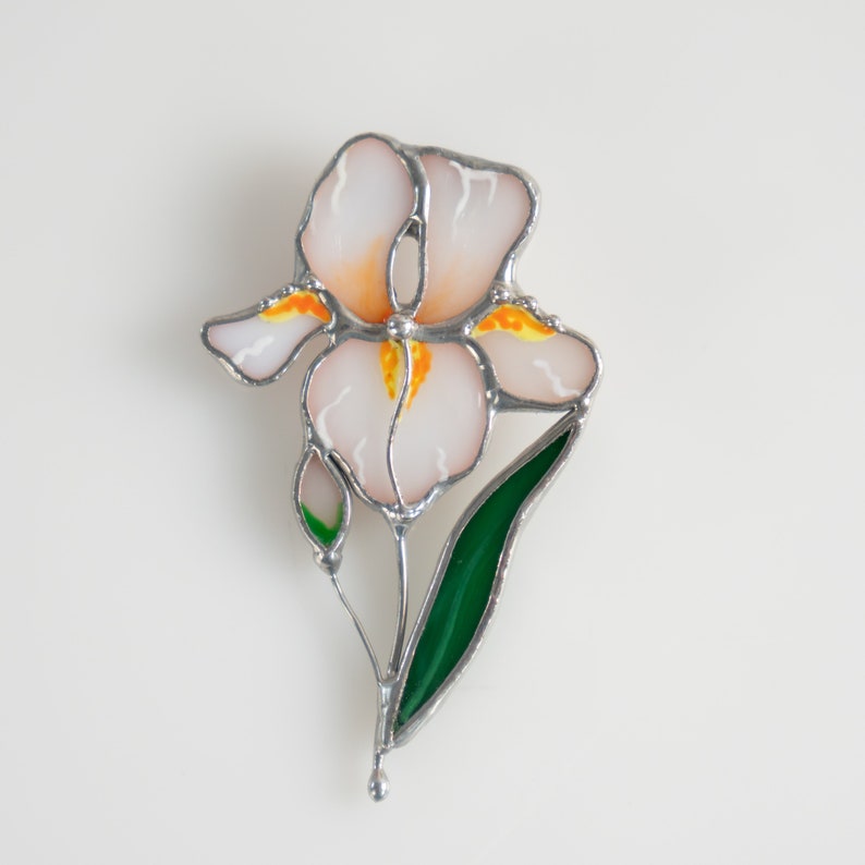 stained glass plant pin of white iris