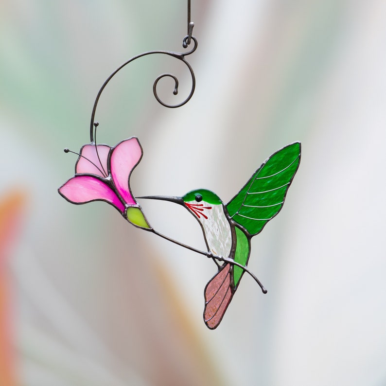 flying green hummingbird stained glass decor for window