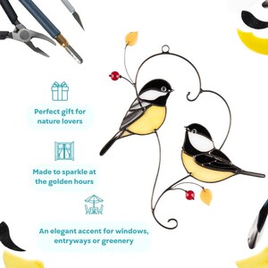 Stained glass bird suncatcher product infographic showing handmade glass decor, chickadee window hanging features and gift idea, decorative bird ornament.