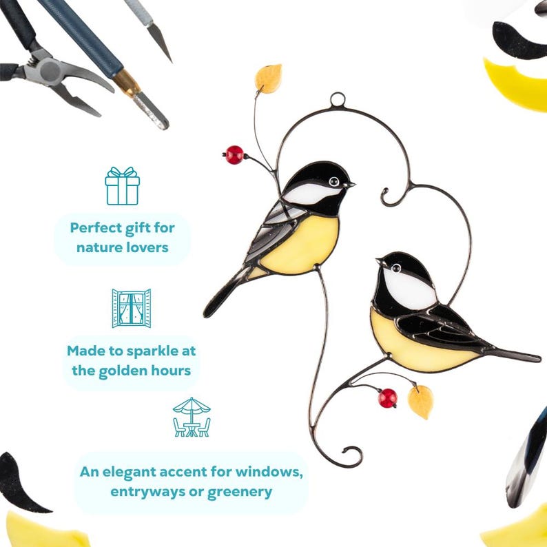 Stained glass bird suncatcher product infographic showing handmade glass decor, chickadee window hanging features and gift idea, decorative bird ornament.